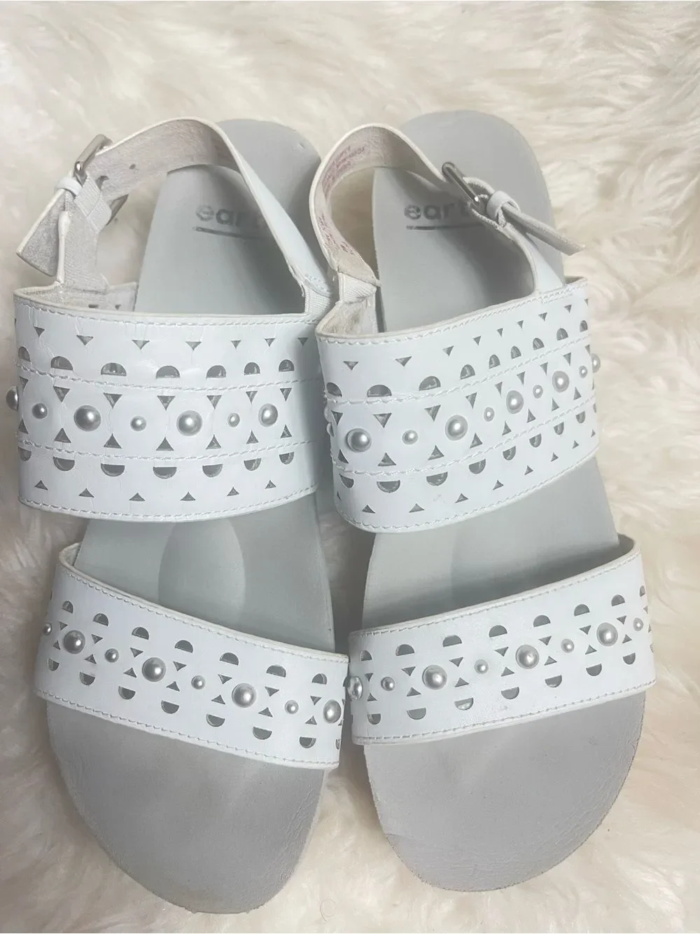 Earth White Pine Toba leather white Perforated Studded Wedge Sandals